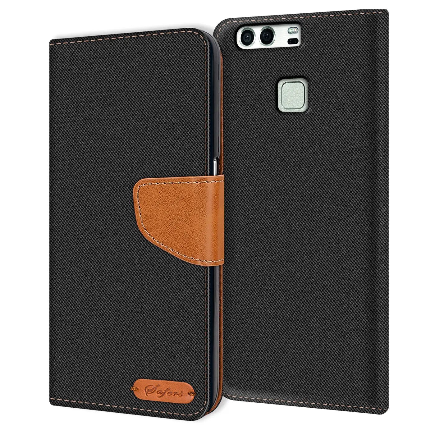 Schwarze Textil-Klapphülle mit braunem Lederdetail für Huawei P9, von vorne gezeigt.