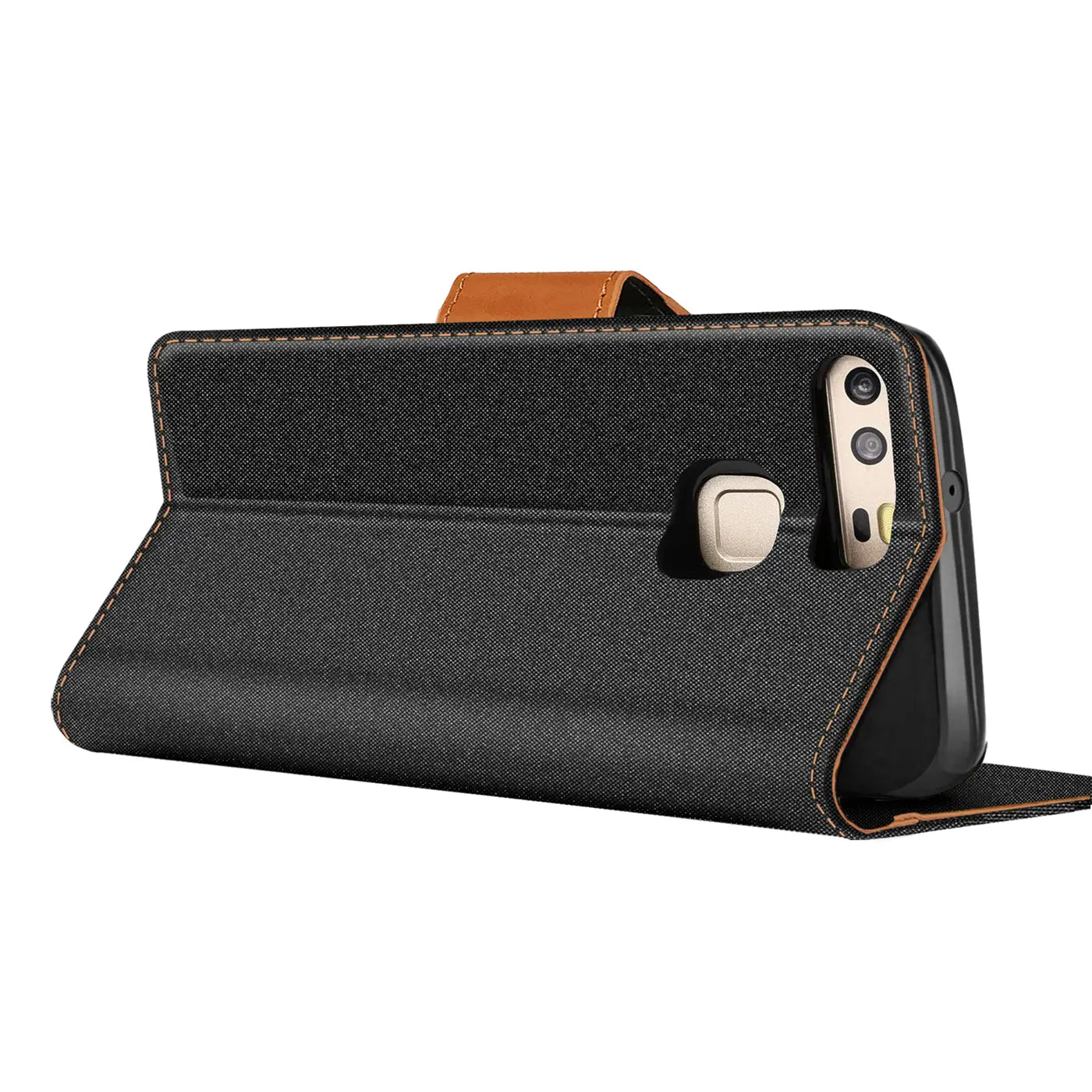 Schwarze Textil-Klapphülle mit braunen Akzenten für Huawei P9, von schräg vorne