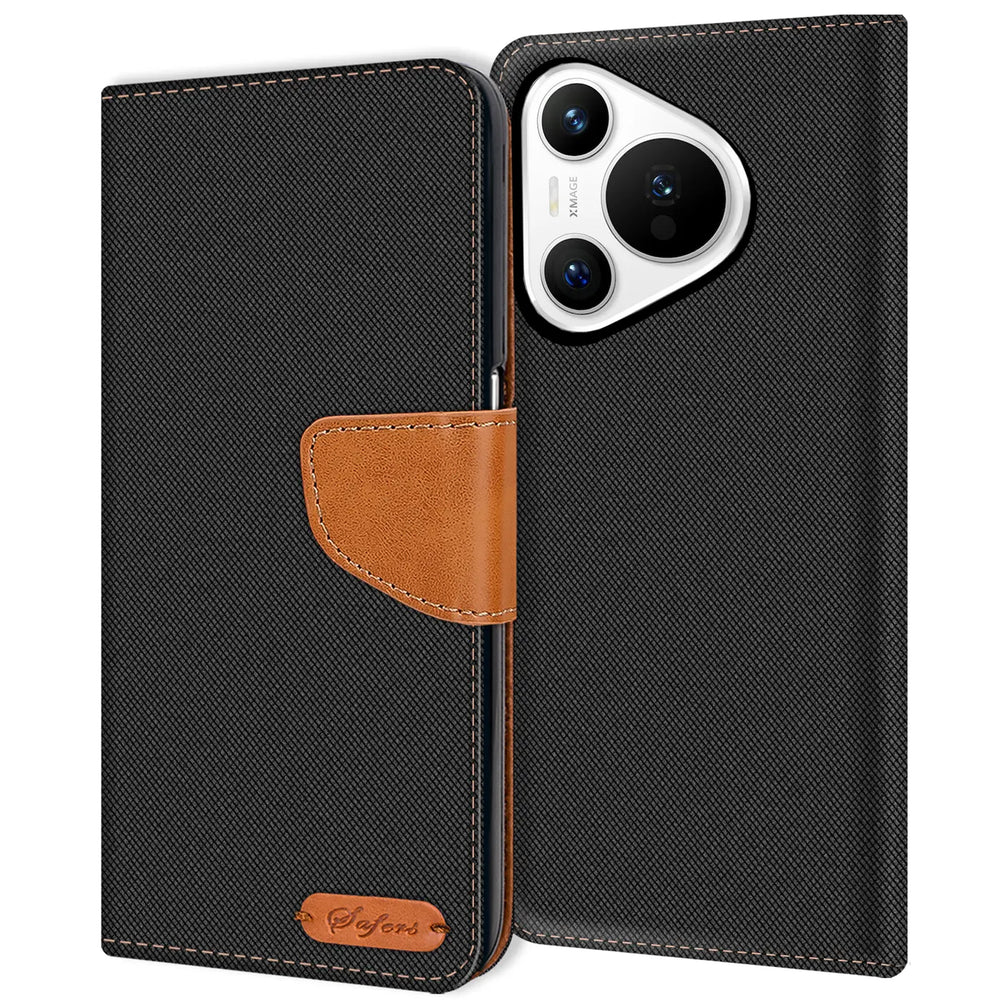 Schwarze Textil-Klapphülle mit braunem Lederakzent, Huawei Pura 70 Pro, Vorderansicht.