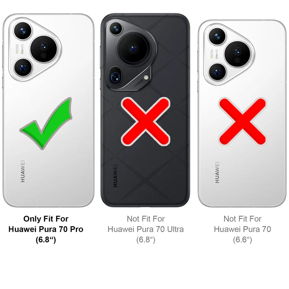 Huawei Pura 70 Pro (6.8") mit grünem Haken, andere Modelle mit rotem Kreuz.