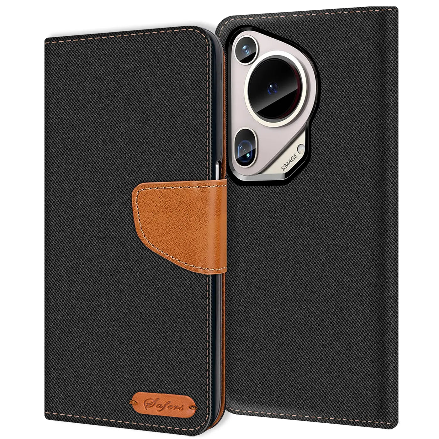 Schwarze Textil-Klapphülle mit braunem Lederakzent für Huawei Pura 70 Ultra, Vorderansicht