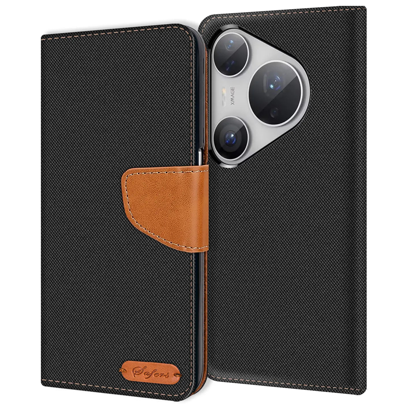 Schwarze Textil-Klapphülle mit braunem Lederakzent, offen, zeigt Huawei Pura 80 Pro.