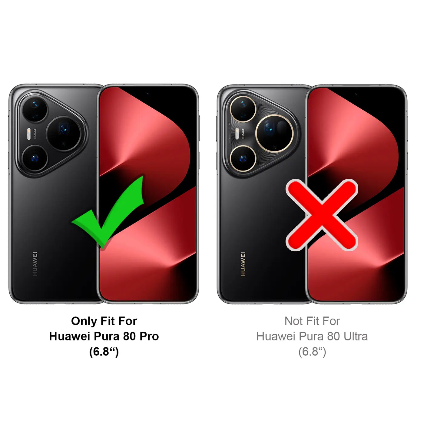 Zwei Huawei Pura 80 Pro, schwarz, Rückansicht, mit grüner Haken- und roter Kreuz-Grafik.