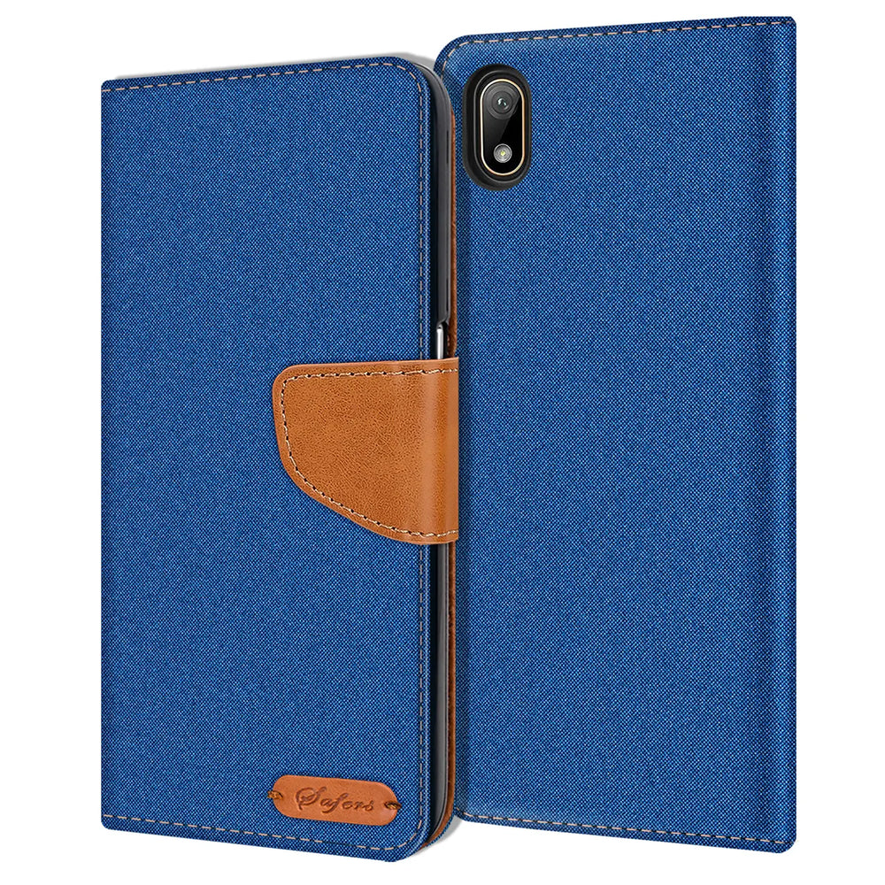 Blaue Textil-Klapphülle mit braunem Lederriemen, Huawei Y5 2019, Vorder- und Rückansicht
