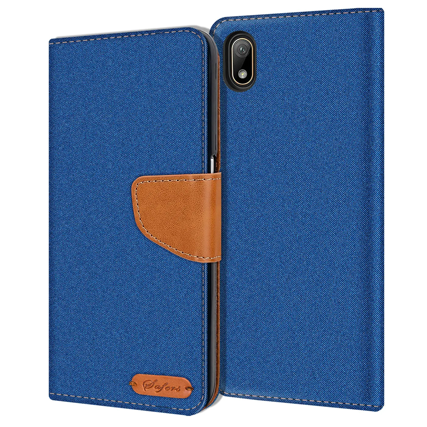 Blaue Textil-Klapphülle mit braunem Lederriemen, Huawei Y5 2019, Vorder- und Rückansicht