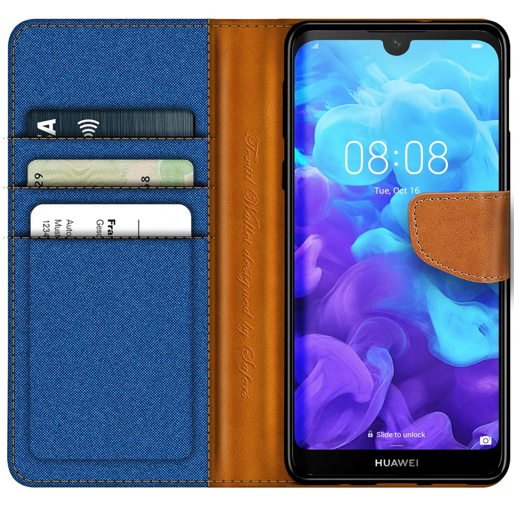 Blaue Textil-Klapphülle mit braunen Lederdetails, Kartenfächer, Huawei Y5 2019.