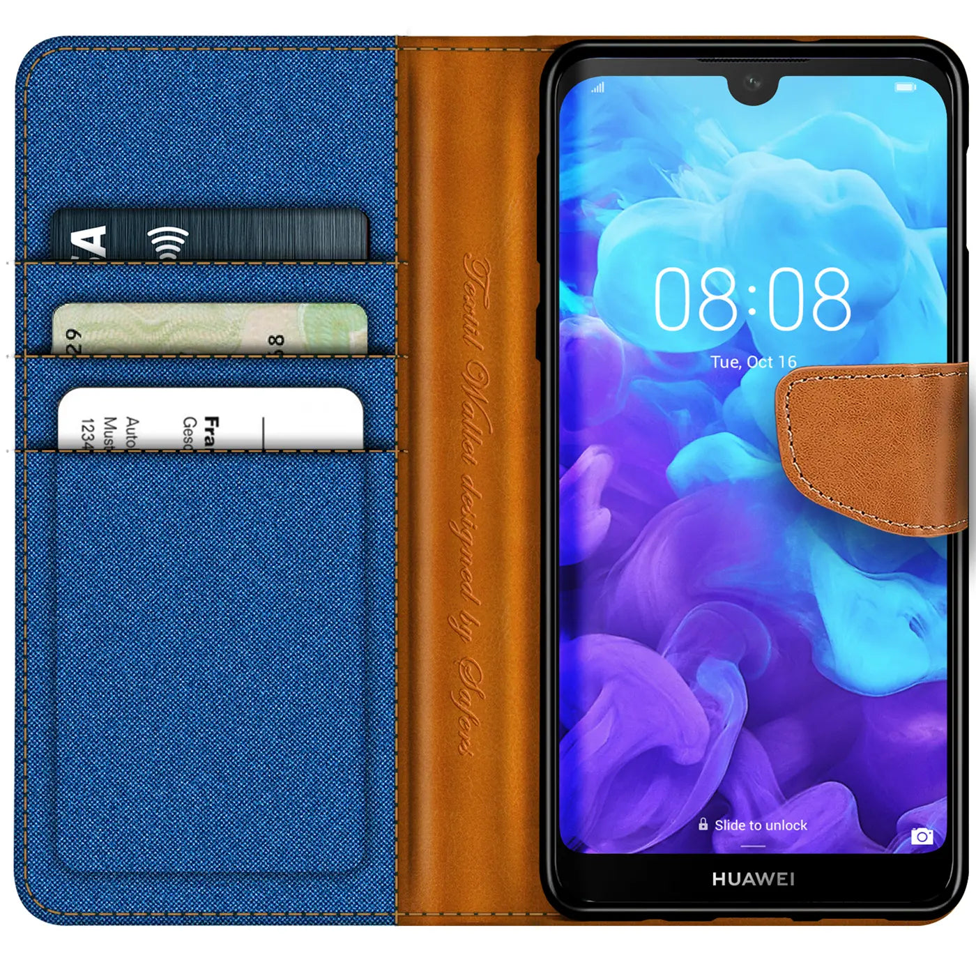 Blaue Textil-Klapphülle mit braunen Lederdetails, Kartenfächer, Huawei Y5 2019.