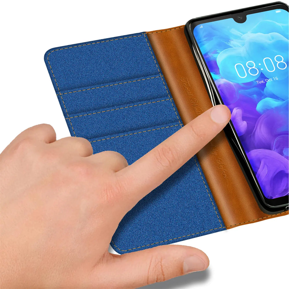 Blaues Textil-Klapphülle mit braunem Leder, Huawei Y5 2019, von oben