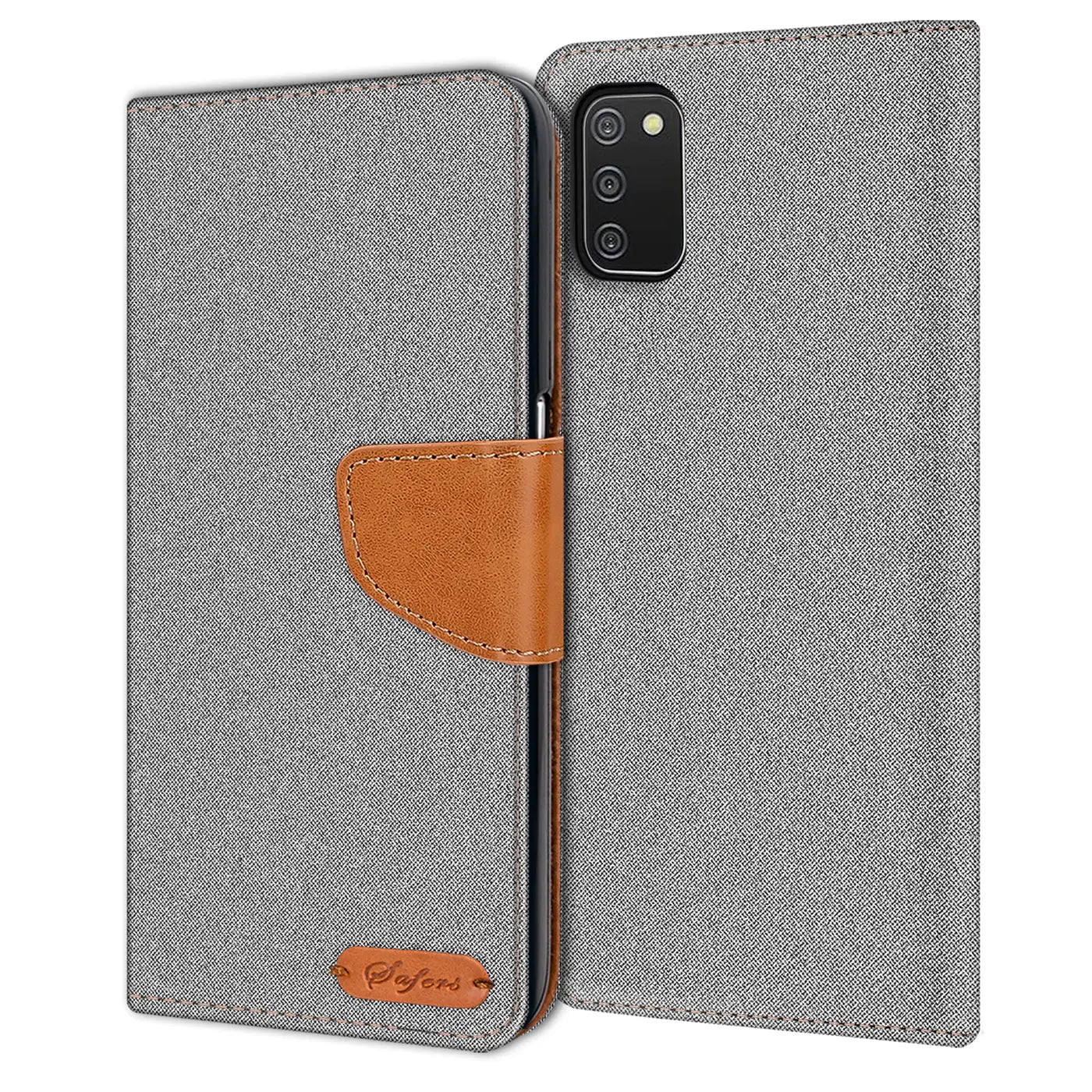 Graue Textil-Klapphülle mit braunem Lederdetail, Vorderansicht, Samsung Galaxy A02S sichtbar.
