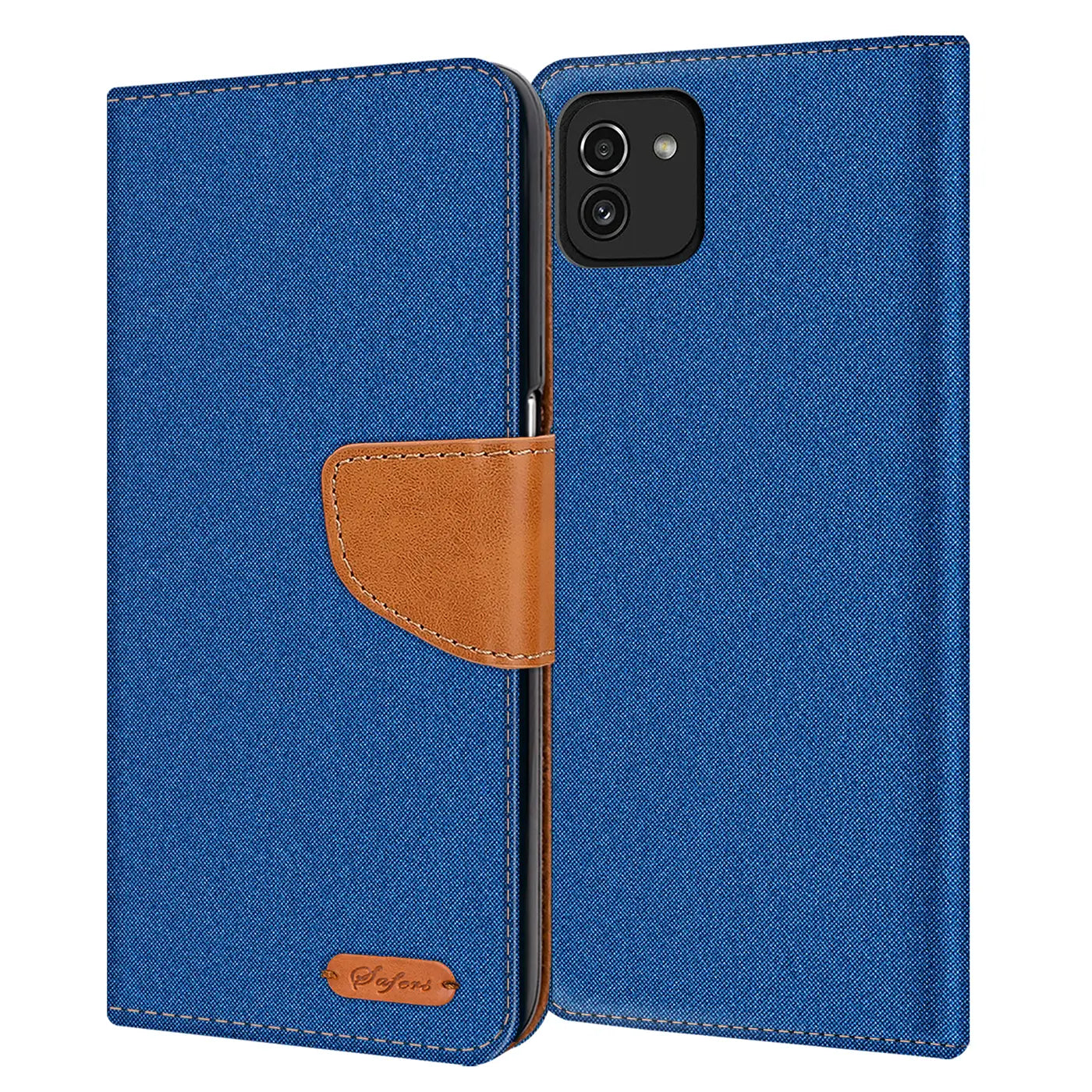 Blaue Textil-Klapphülle mit braunem Leder-Detail, geöffnet, zeigt Samsung Galaxy A03.
