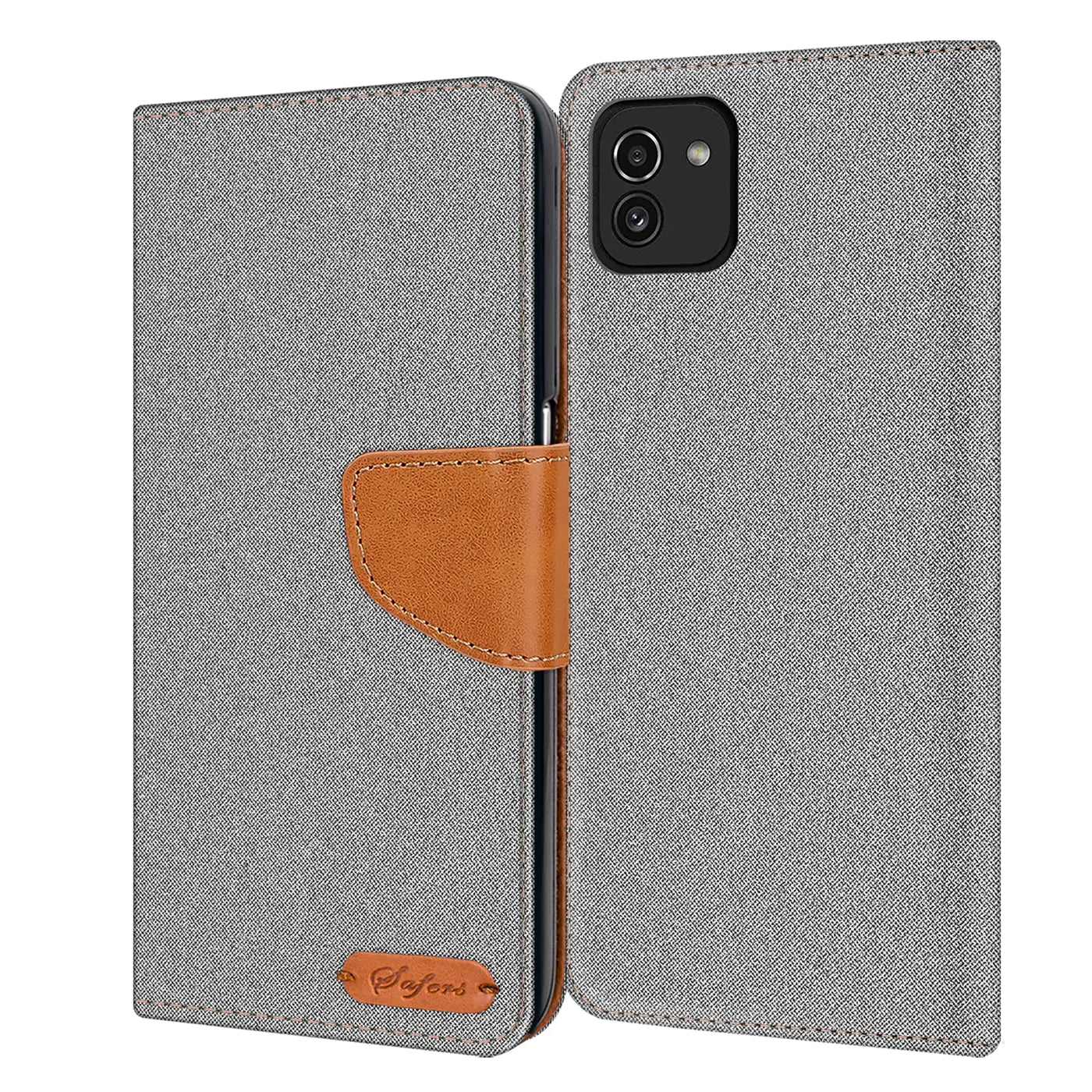 Graue Textil-Klapphülle mit braunem Lederriemen für Samsung Galaxy A03, Vorderansicht.