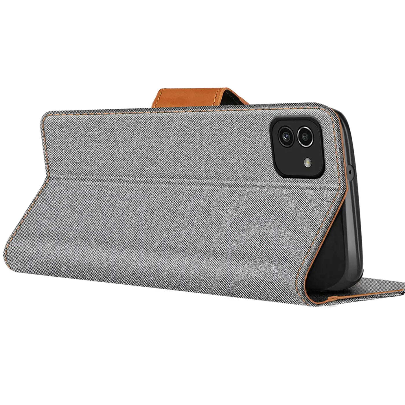 Graue Textil-Klapphülle mit braunem Lederriemen, seitliche Ansicht, zeigt Samsung Galaxy A03.