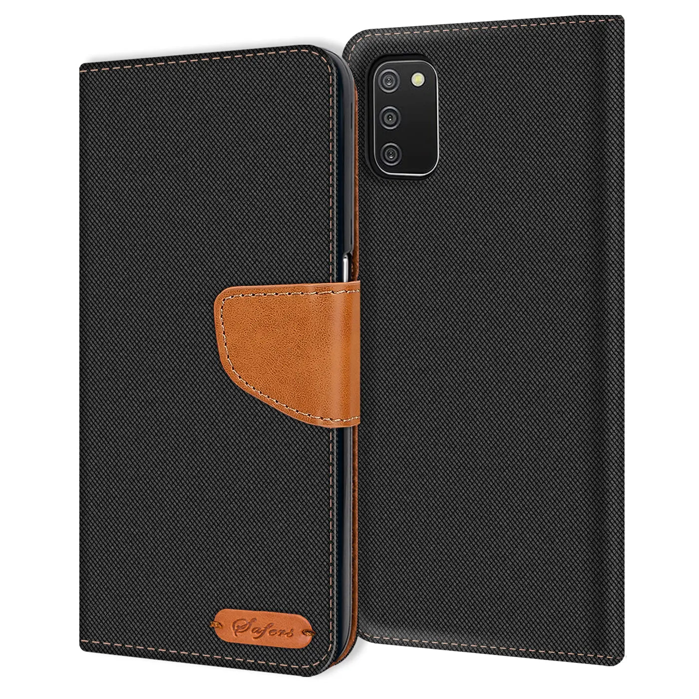 Schwarze Textil-Klapphülle mit braunem Lederakzent für Samsung Galaxy A03s, von vorne gezeigt.