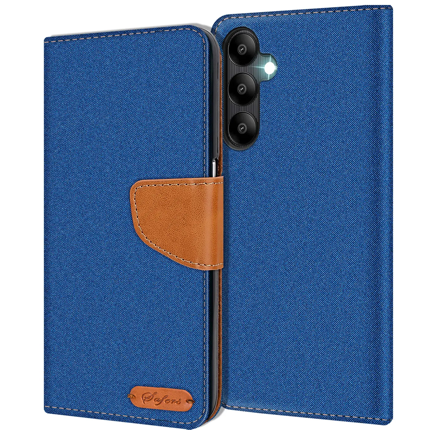 Blaue Textil-Klapphülle mit braunem Lederakzent, Vorderansicht, Samsung Galaxy A05s erkennbar.