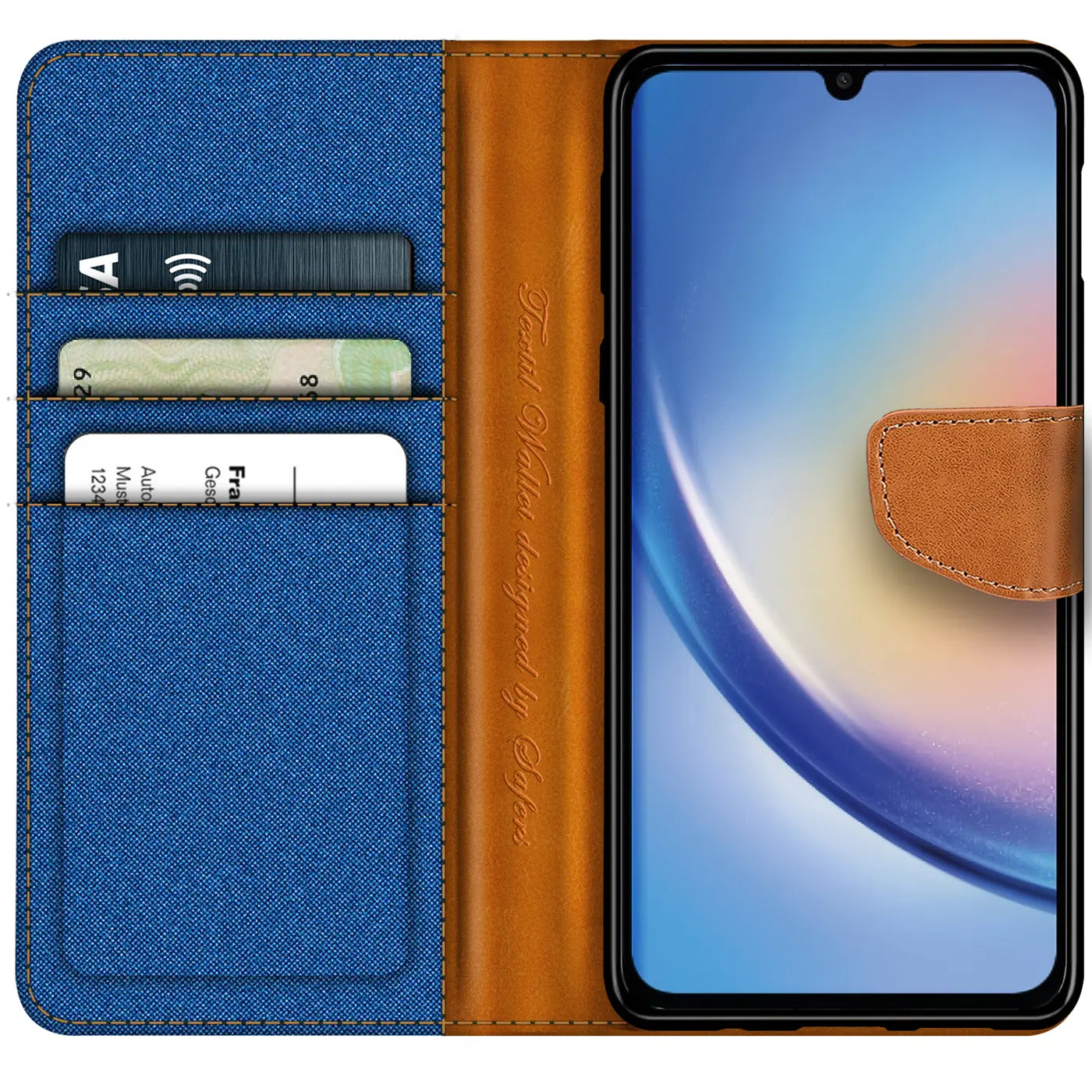 Blaue Textil-Klapphülle mit braunen Lederdetails und Kartenfächern, zeigt ein Samsung Galaxy A05s.