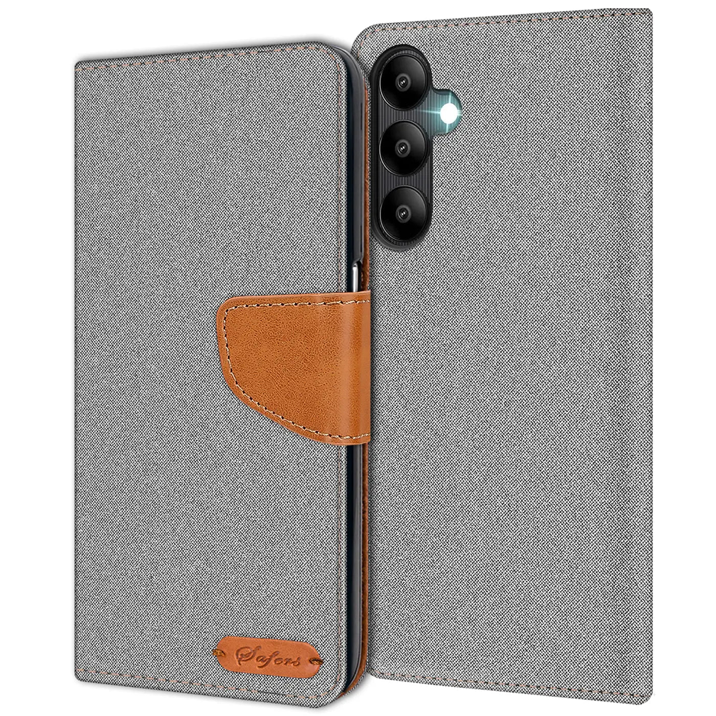 Graue Textil-Klapphülle mit braunem Lederdetail, offen, zeigt Samsung Galaxy A05s mit Kamera