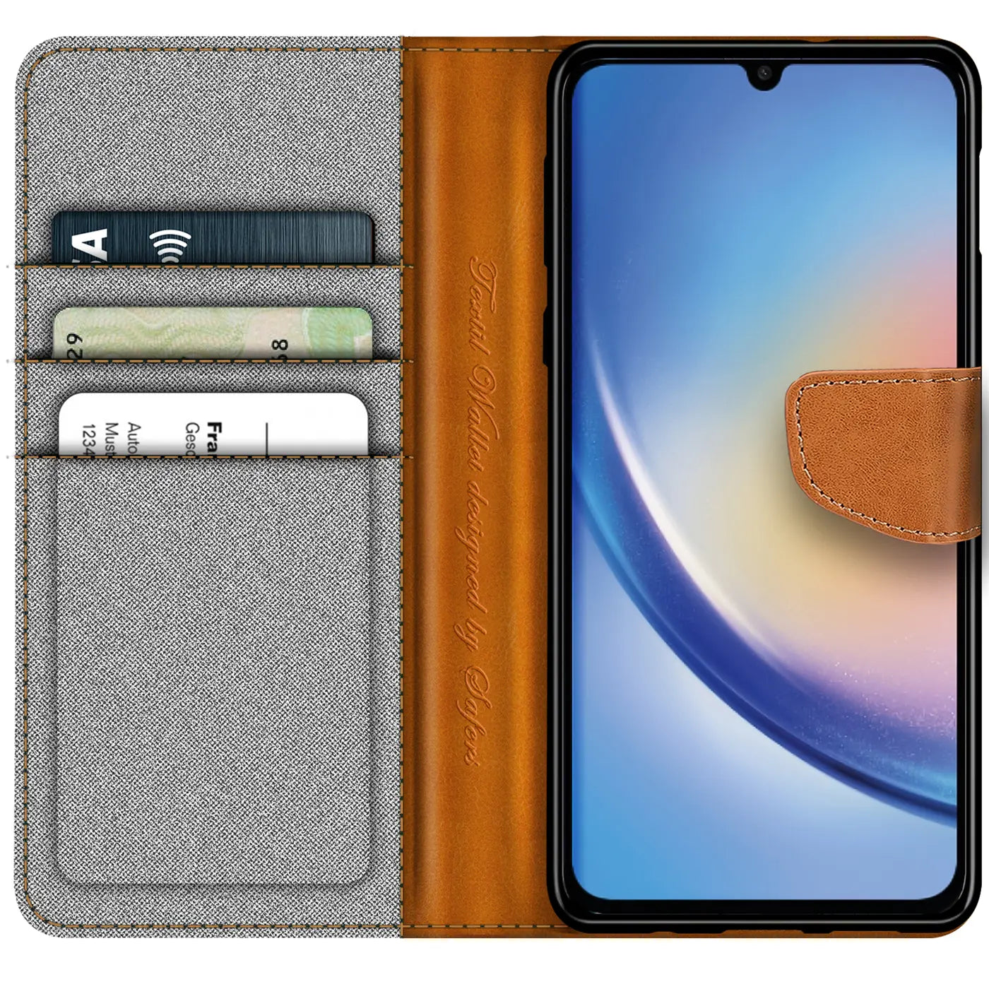Graue Textil-Klapphülle mit braunen Lederdetails, Kartenfächer, Samsung A05s.