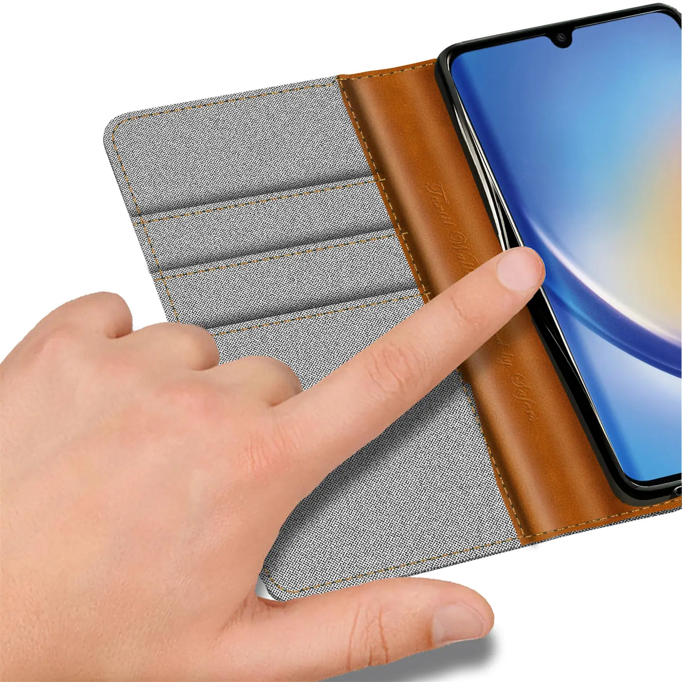 Graue Textil-Klapphülle mit braunen Lederdetails, zeigt Samsung A05s, von oben.
