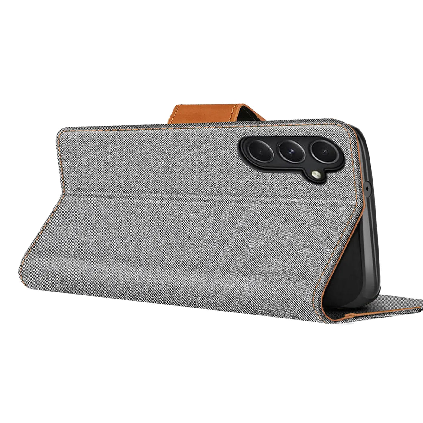 Graue Textil-Klapphülle mit braunem Lederriemen, seitliche Ansicht, Samsung Galaxy A05s erkennbar.