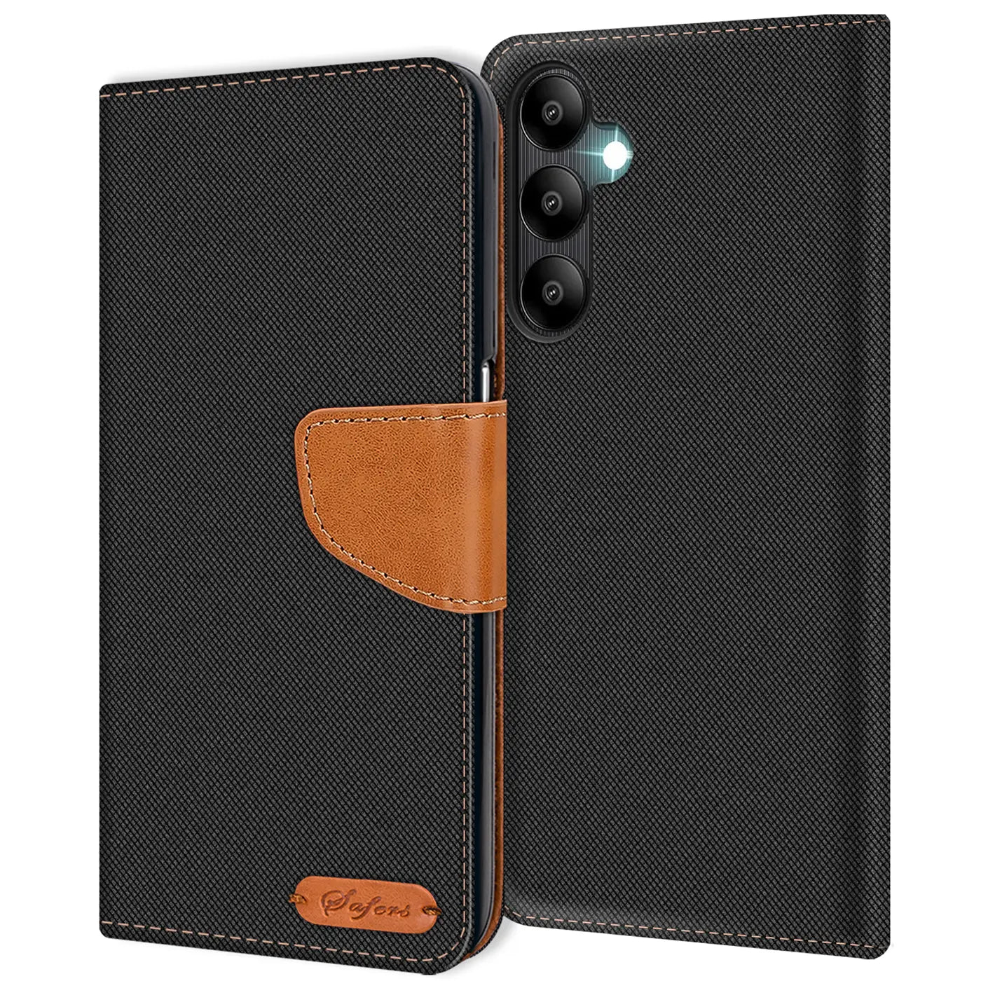 Schwarze Textil-Klapphülle mit braunem Lederakzent, Vorderansicht, Samsung Galaxy A05s sichtbar.