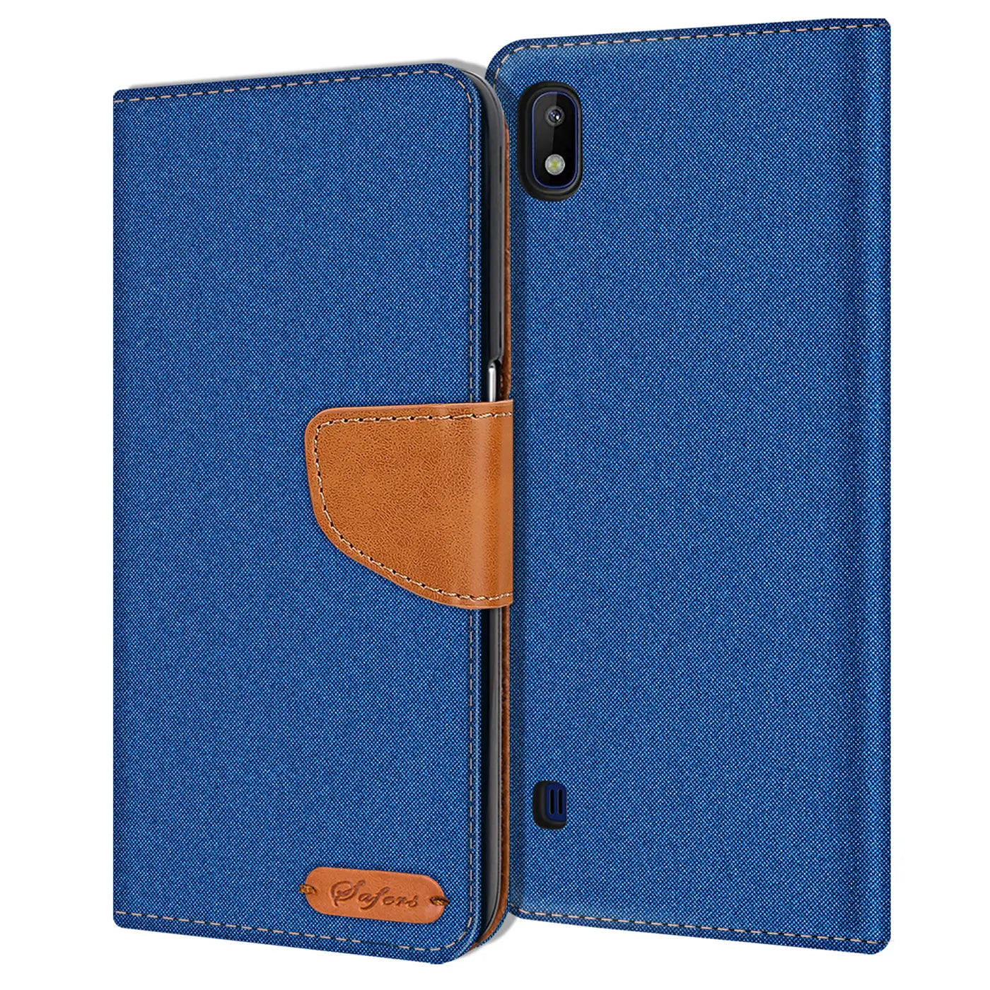 Blaue Textil-Klapphülle mit braunem Lederakzent, geöffnet, zeigt Rückseite eines Samsung Galaxy A10.