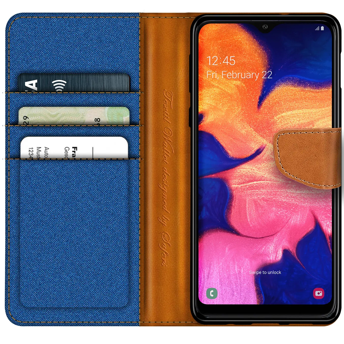 Blaue Textil-Klapphülle mit braunem Lederdetail, Kartenfach, Samsung Galaxy A10.
