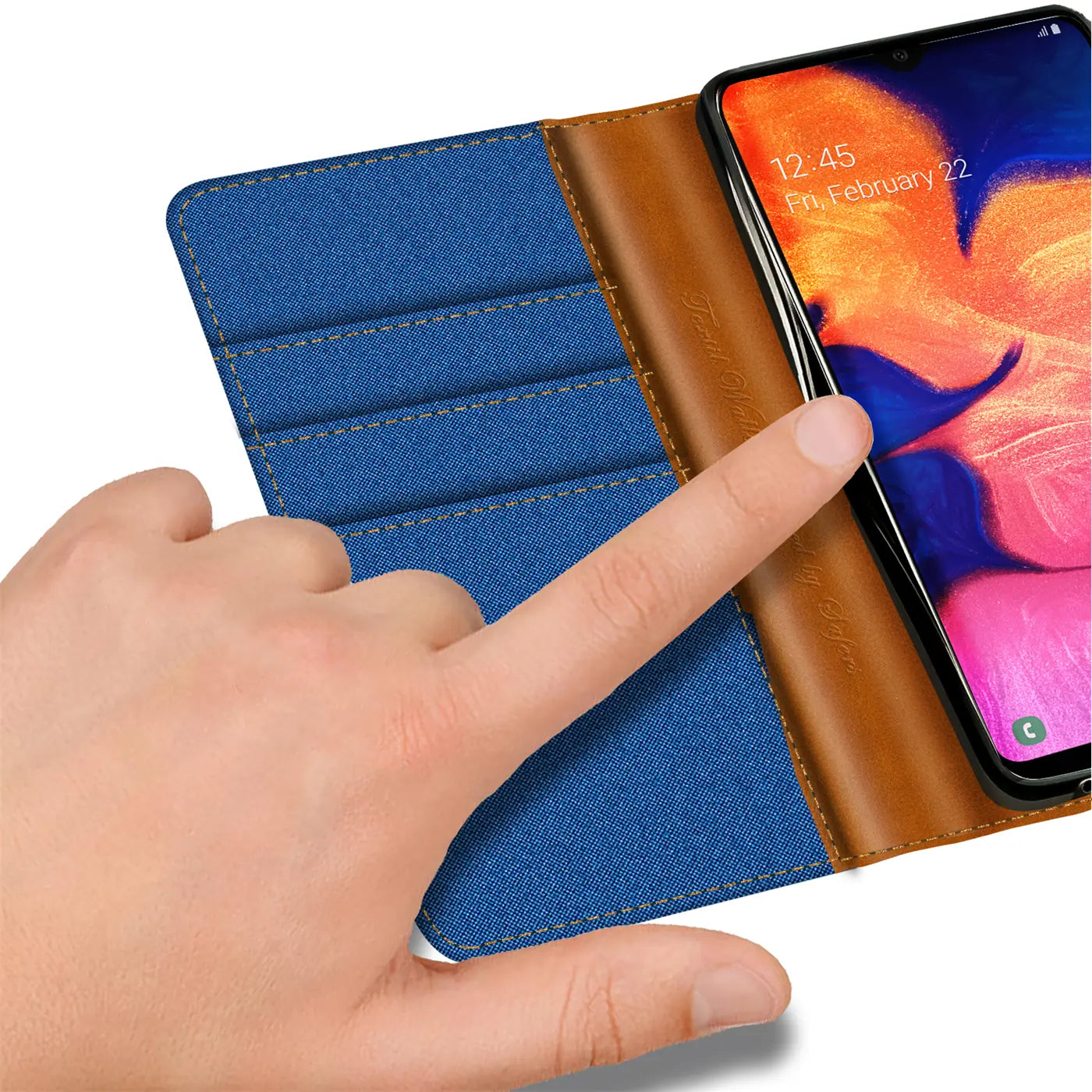 Blaue Textil-Klapphülle mit braunen Lederdetails, Kartenfach, Samsung Galaxy A10.