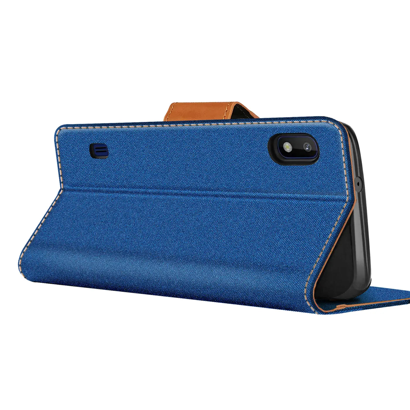 Blaue Textil-Klapphülle mit braunem Lederakzent, Seitenansicht, Samsung Galaxy A10 erkennbar.