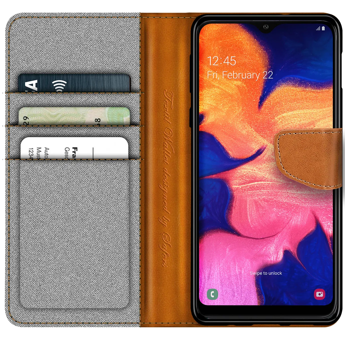 Graue Textil-Klapphülle mit braunem Lederdetail und Kartenfächern, zeigt Samsung Galaxy A10.