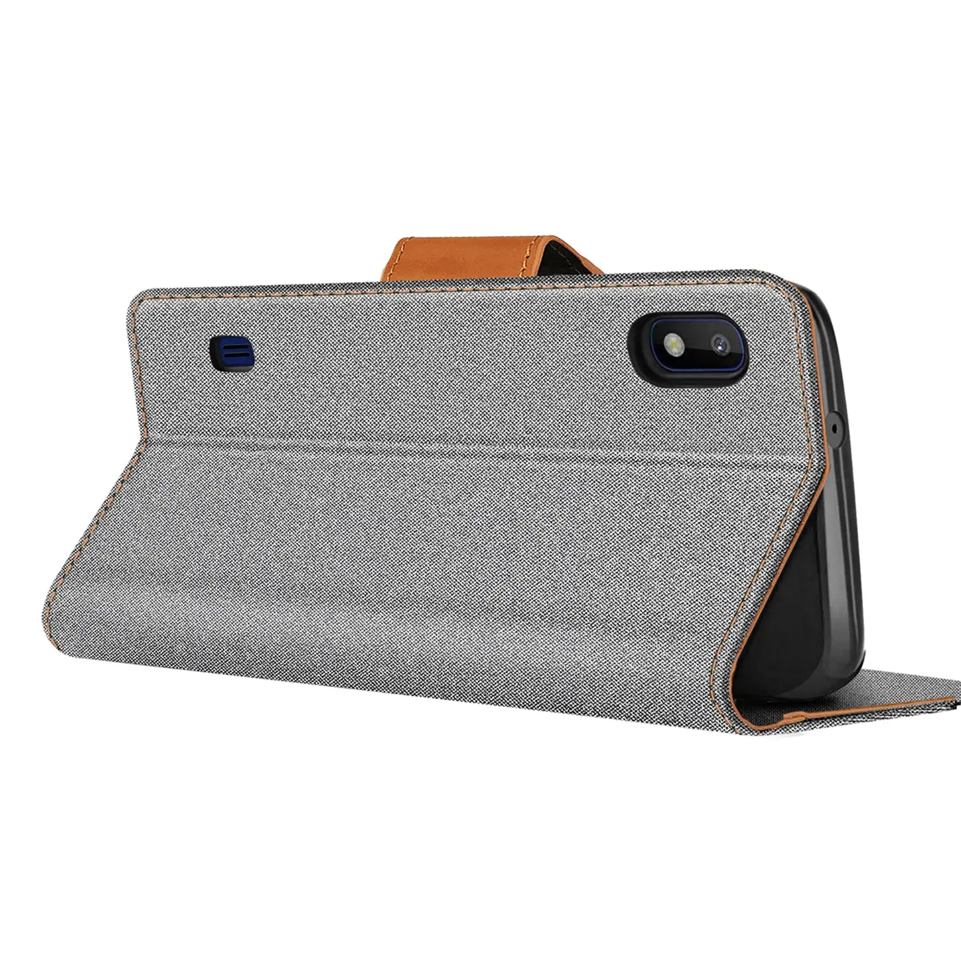 Graue Textil-Klapphülle mit braunem Lederriemen, seitliche Ansicht, zeigt Samsung Galaxy A10.