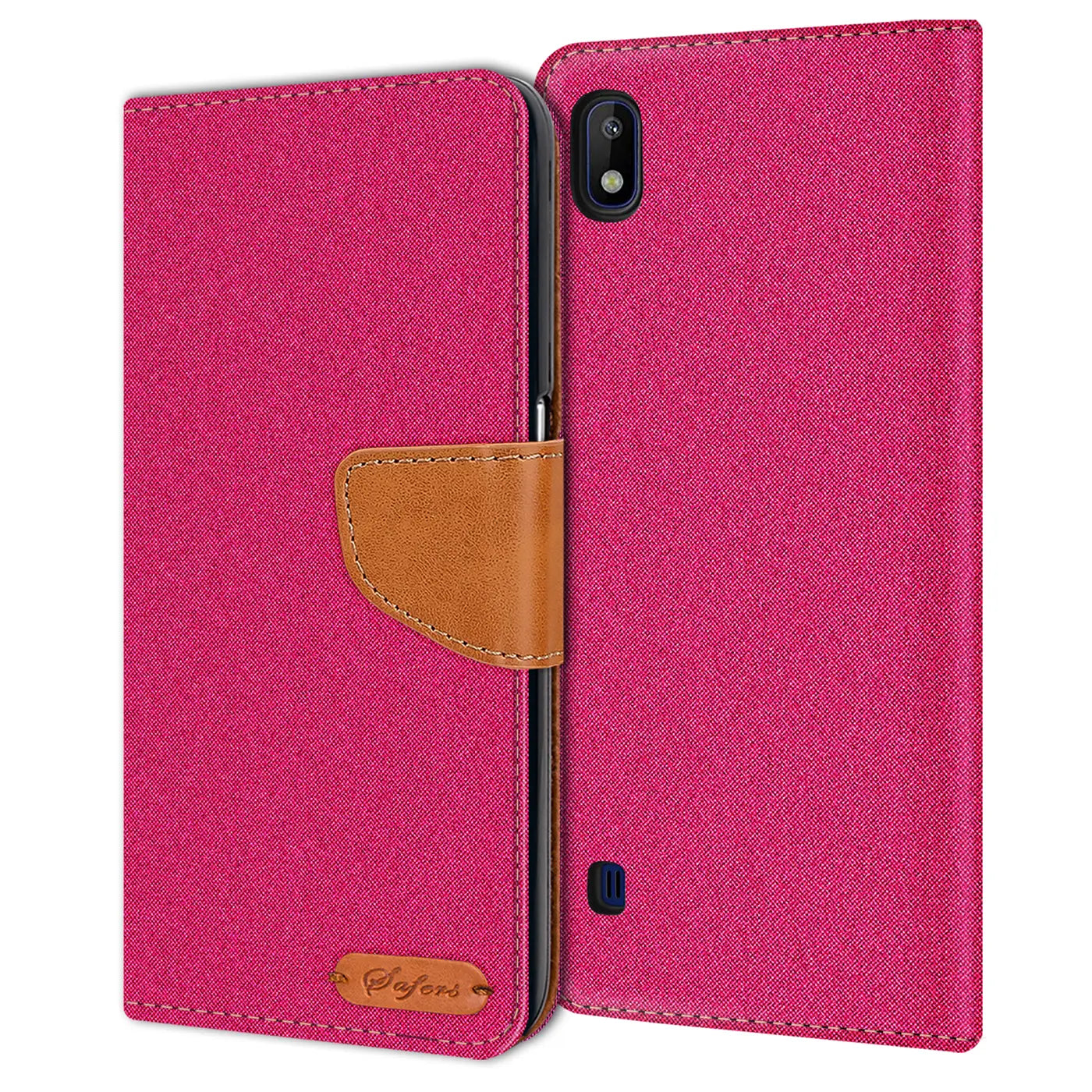 Pink Textil Klapphülle mit braunem Lederdetail, Vorderansicht, für Samsung Galaxy A10.