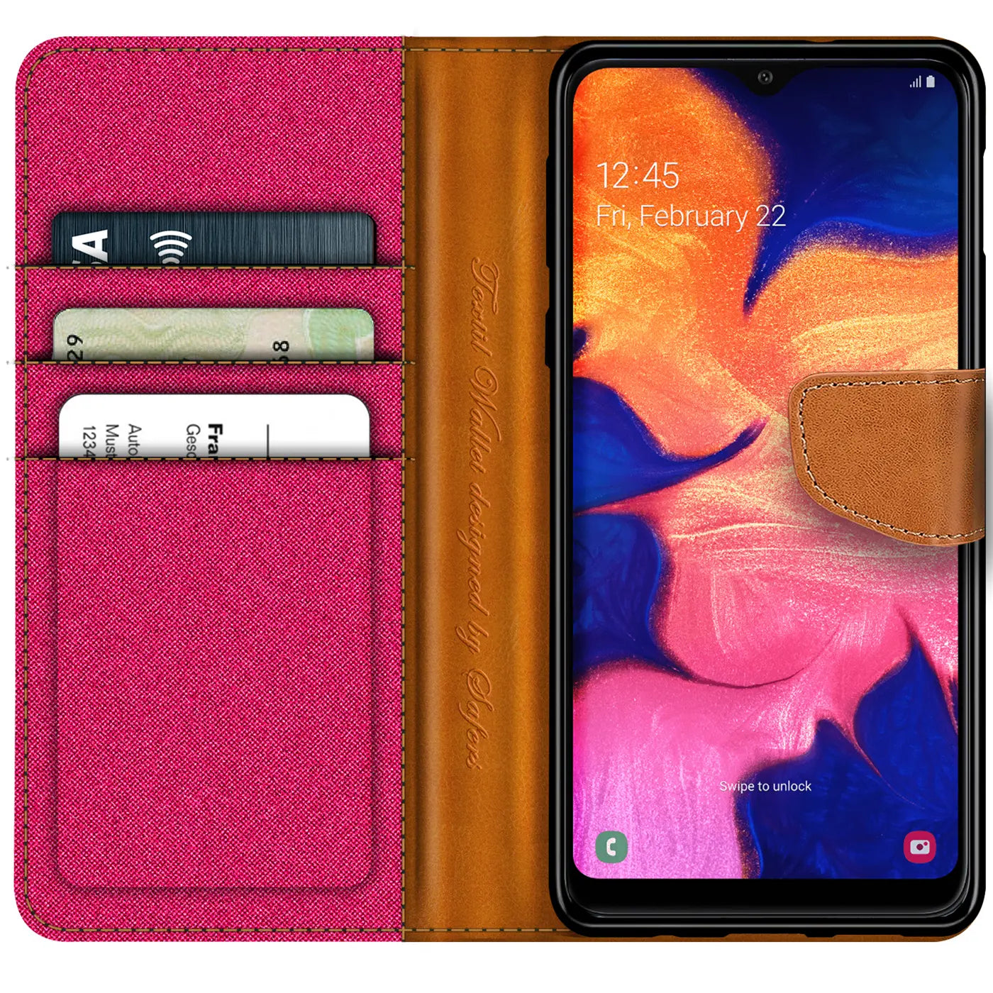 Textil Klapphülle, pink/braun, mit Kartenfach, Samsung Galaxy A10.