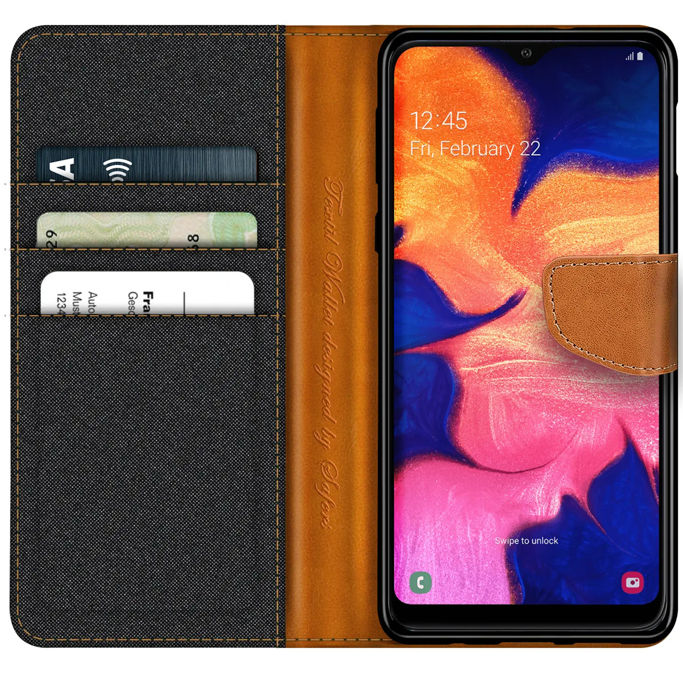 Textil-Klapphülle in Schwarz/Braun mit Kartenfach, Vorderansicht, Samsung Galaxy A10