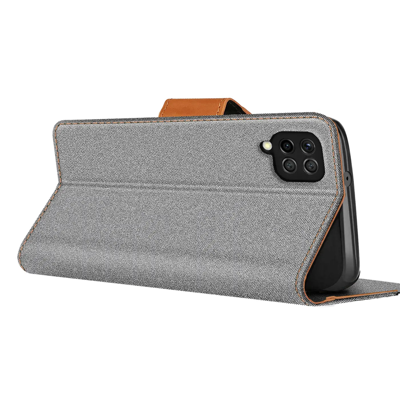 Graue Textil-Klapphülle mit braunem Lederriemen, seitliche Ansicht, zeigt Samsung Galaxy A12/M12 Kamera.