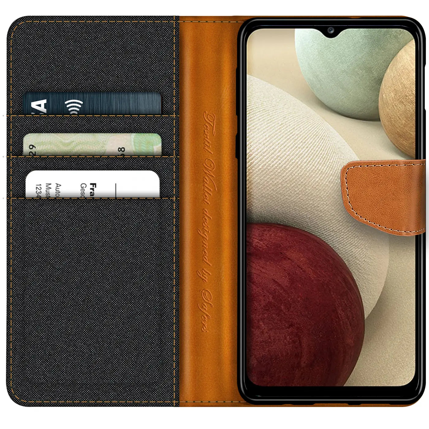 Textil-Klapphülle mit Kartenfach, braunes Leder, Samsung A12/M12, von oben