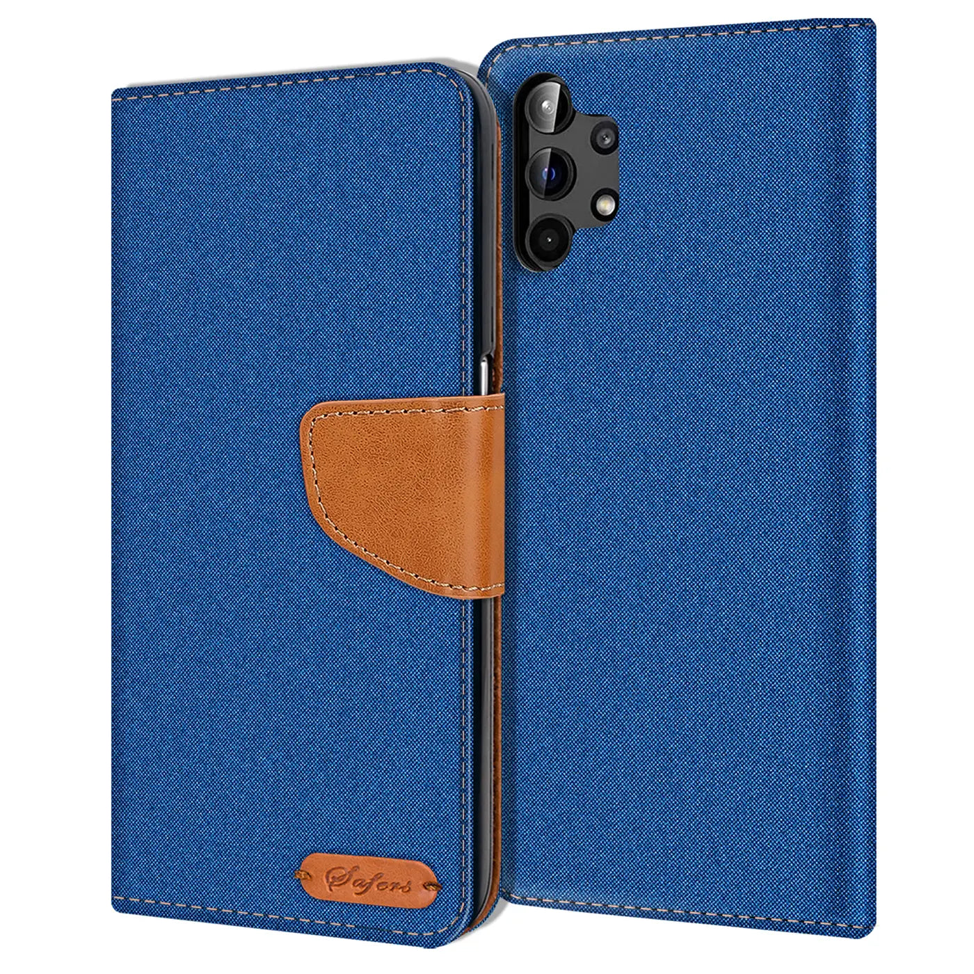 Blaue Textil-Klapphülle mit braunem Lederriemen, offen, zeigt Rückseite eines Samsung Galaxy A13 4G.