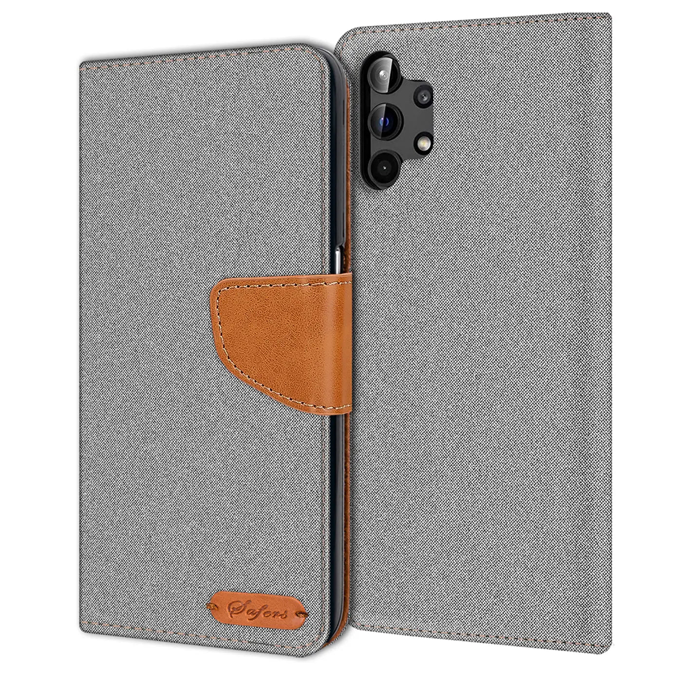 Graue Textil-Klapphülle mit braunem Leder-Detail, offen gezeigt, Samsung Galaxy A13 4G sichtbar.