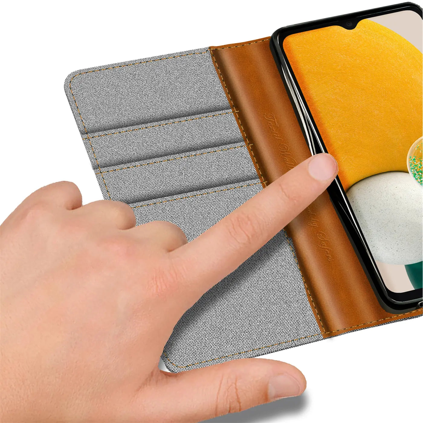 Graue Textil-Klapphülle mit braunen Lederdetails, zeigt ein Samsung A13 5G/A04s.