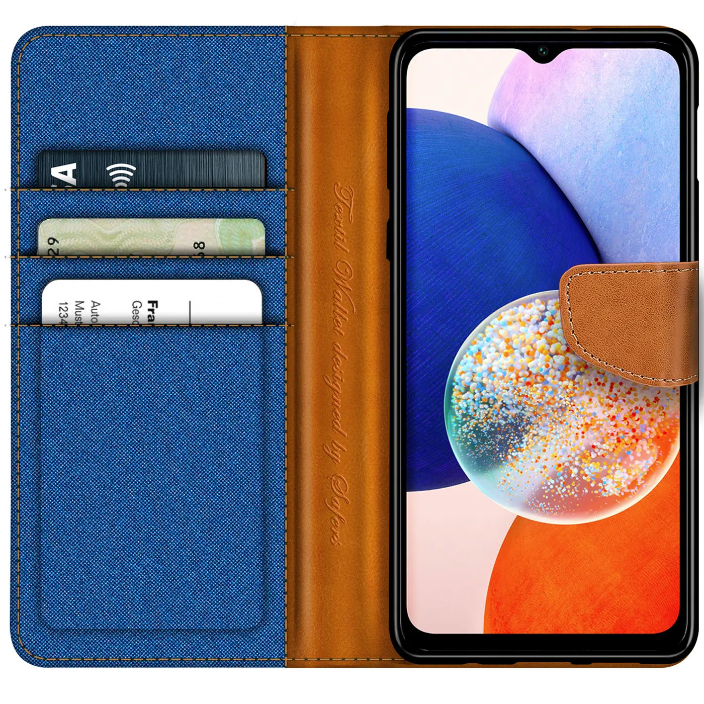 Blaue Textil-Klapphülle mit braunem Leder-Kartenfach, Samsung Galaxy A14 5G, von vorne