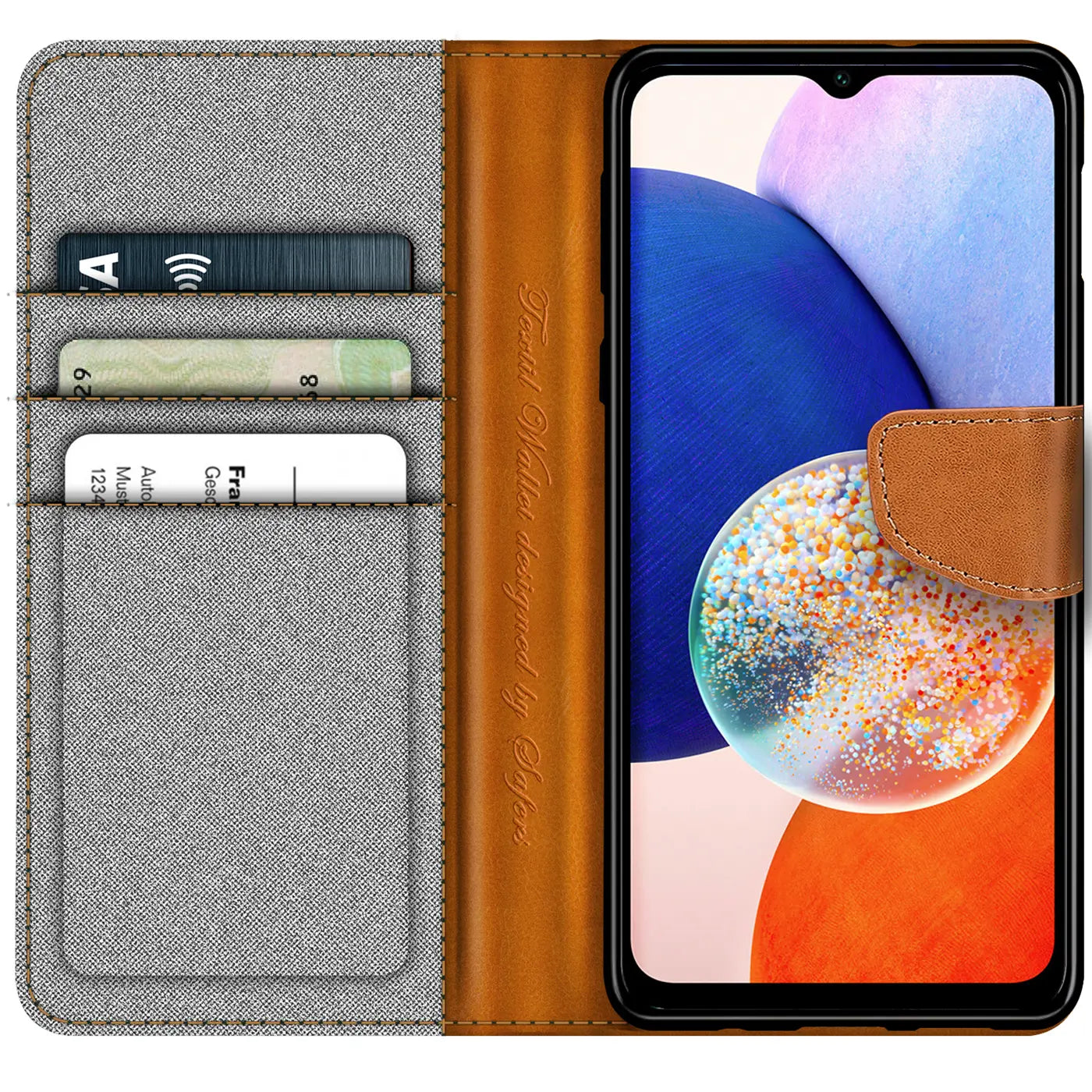 Graue Textil-Klapphülle mit braunen Lederdetails und Kartenfächern, zeigt Samsung Galaxy A14 5G.