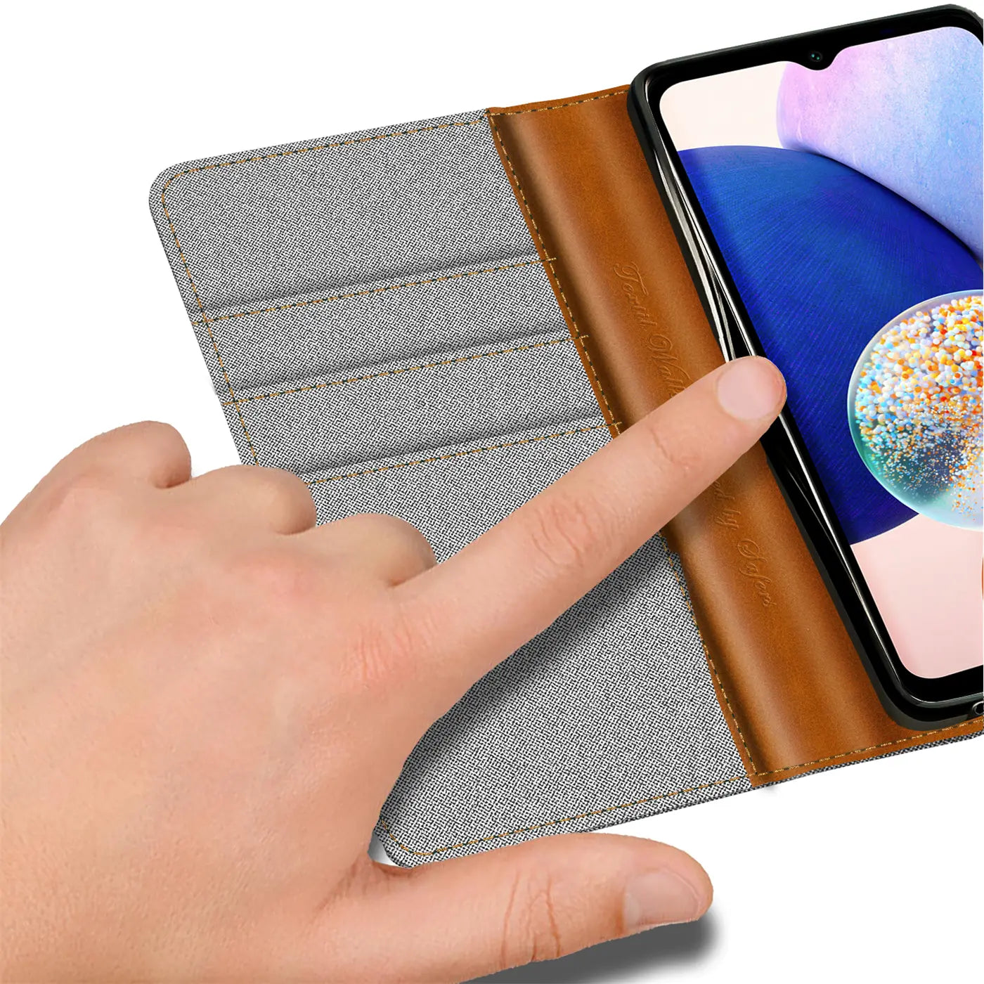 Graue Textil-Klapphülle mit braunen Lederdetails, Samsung Galaxy A14 5G, von vorne