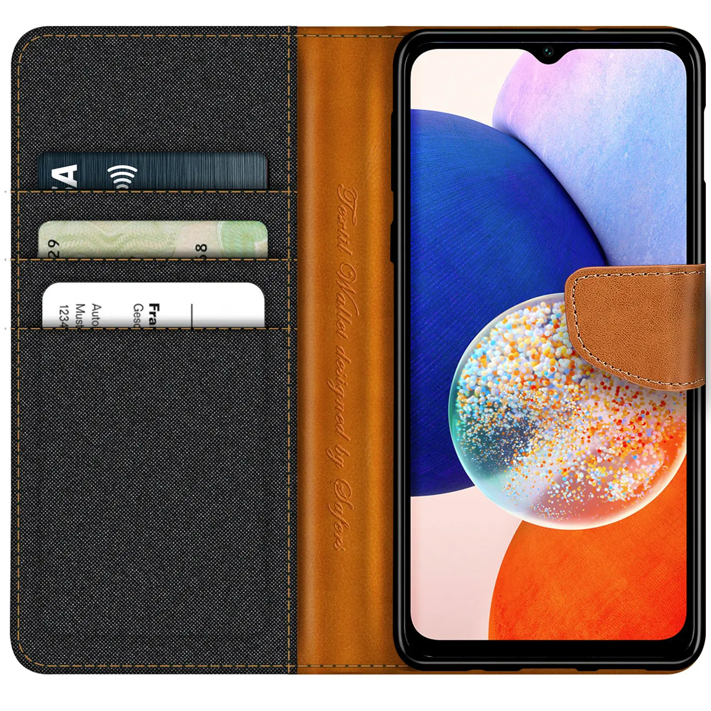 Braune Textil-Klapphülle mit Kartenfächern für Samsung Galaxy A14 5G, von vorne