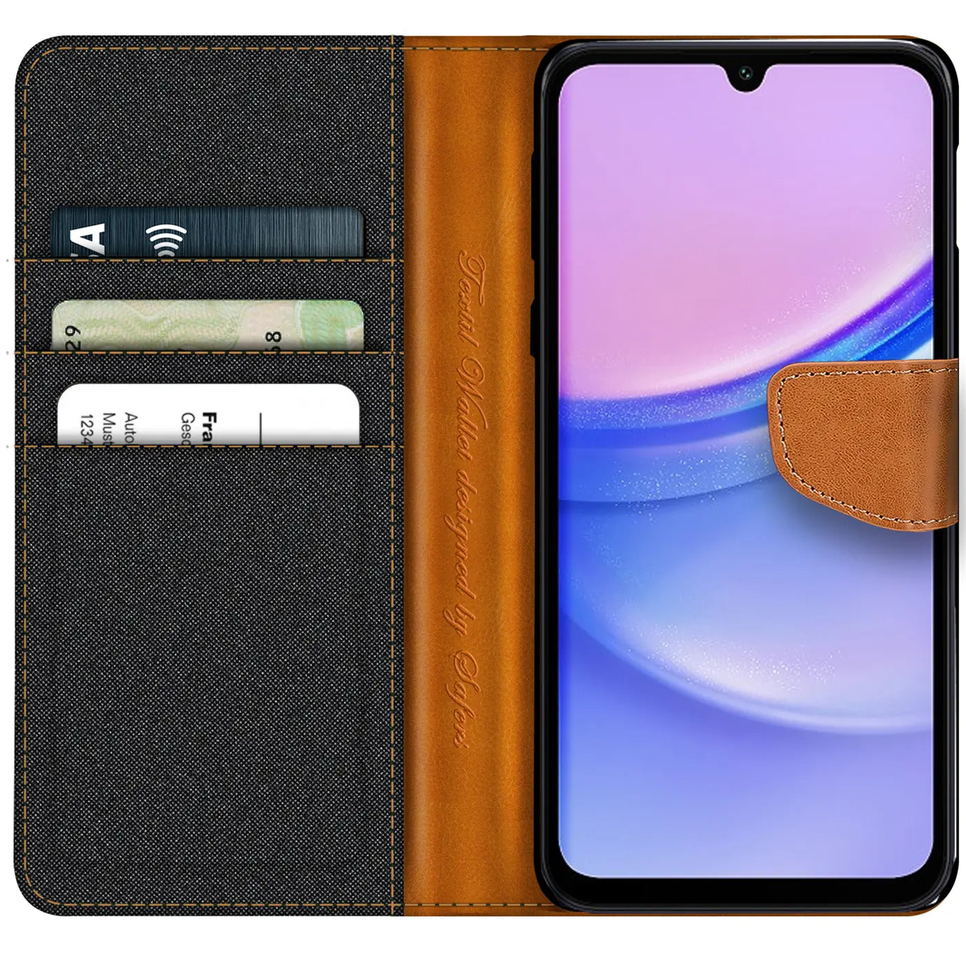 Textil-Klapphülle mit Kartenfach, braun/schwarz, für Samsung Galaxy A15 4G/5G.