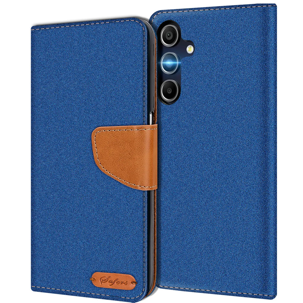 Blaue Textil-Klapphülle mit braunem Lederdetail und Kartenfach für Samsung Galaxy A16 5G.