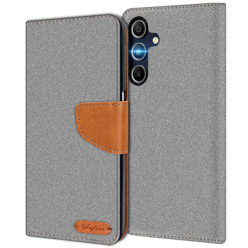 Graue Textil-Klapphülle mit braunem Lederakzent, offen, zeigt Samsung Galaxy A16 5G Rückseite.