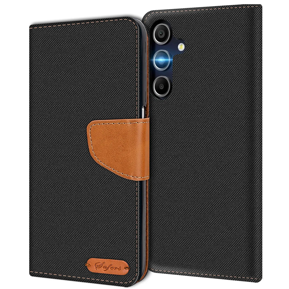 Schwarze Textil-Klapphülle mit braunem Lederakzent, Vorder- und Rückansicht, für Samsung Galaxy A16 5G.