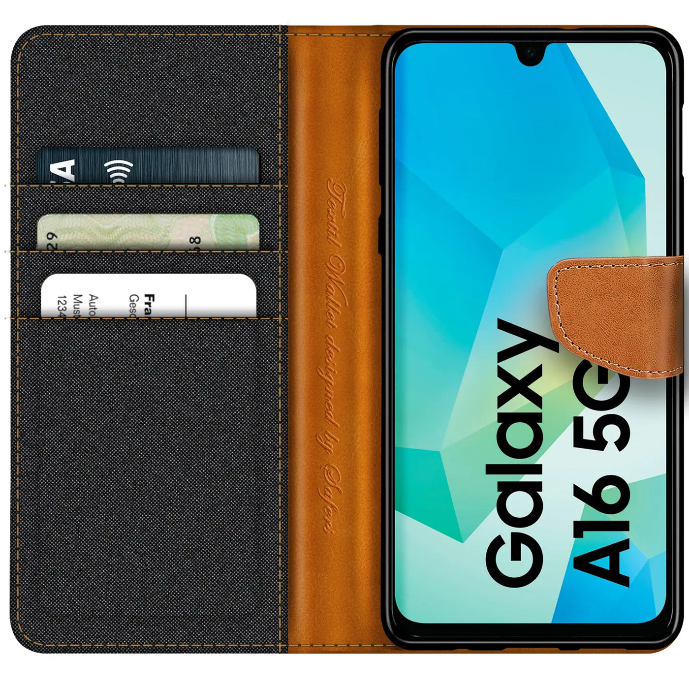 Textil-Klapphülle in Grau/Braun mit Kartenfächern, Samsung Galaxy A16 5G.