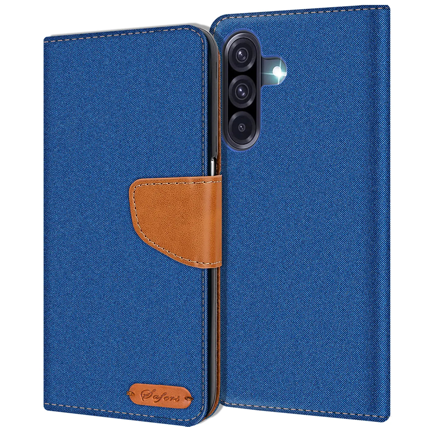 Blaue Textil-Klapphülle mit braunem Lederdetail für Samsung Galaxy A17 5G.
