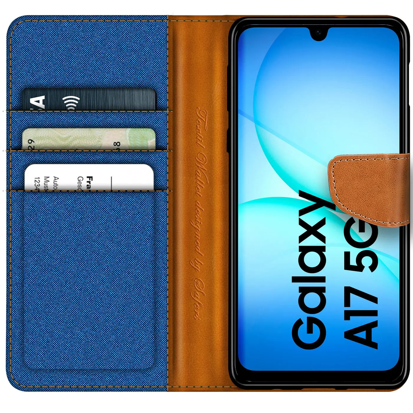 Blaue Textil-Klapphülle mit braunen Lederdetails und Kartenfächern, zeigt Samsung Galaxy A17 5G.