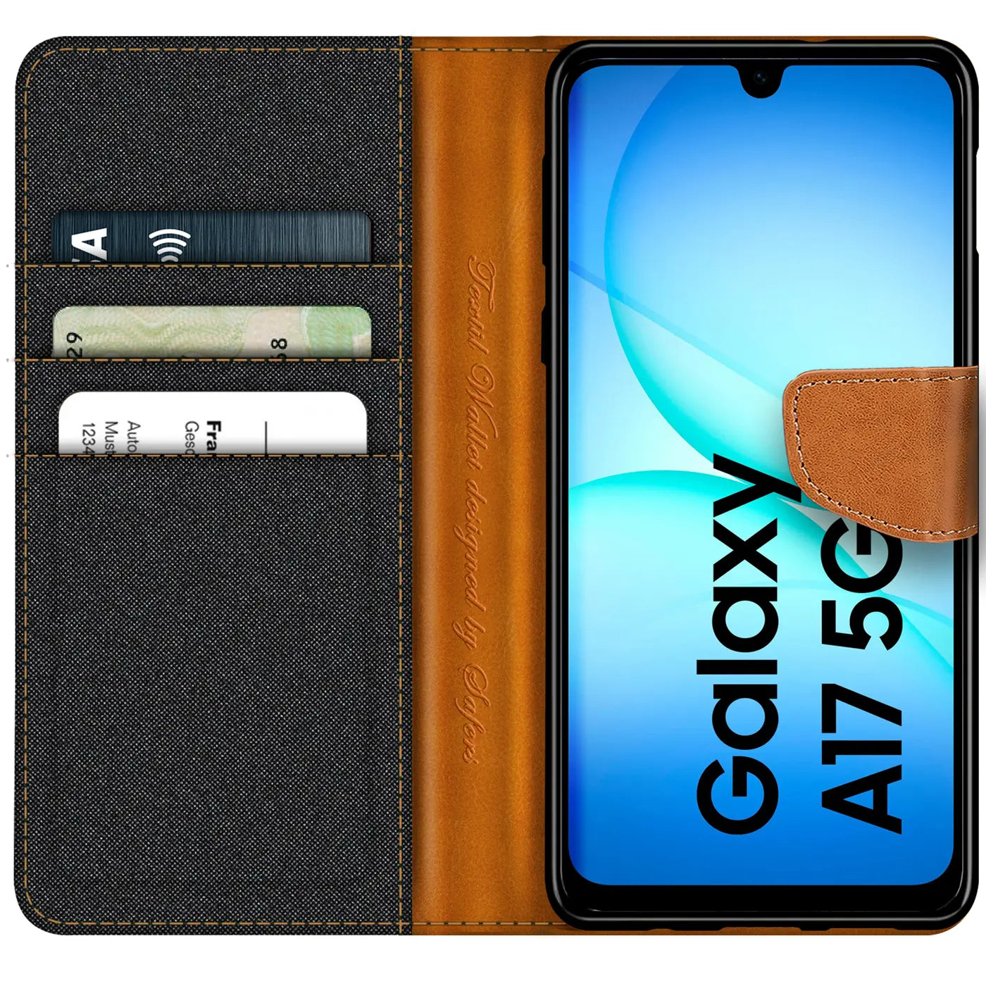 Textil-Klapphülle in Schwarz/Braun mit Kartenfach, Samsung Galaxy A17 5G, von vorn